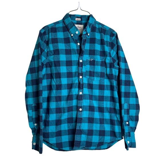Hollister Navy Bright Blue Plaid Flannel Epic Flex Button Down‎ Shirt Size SMALL - Picture 1 of 4